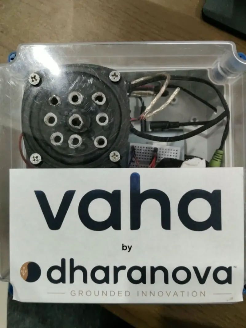 The VAHA device: a clear enclosure with a perforated sensor port and a faceplate reading vaha by dharanova.